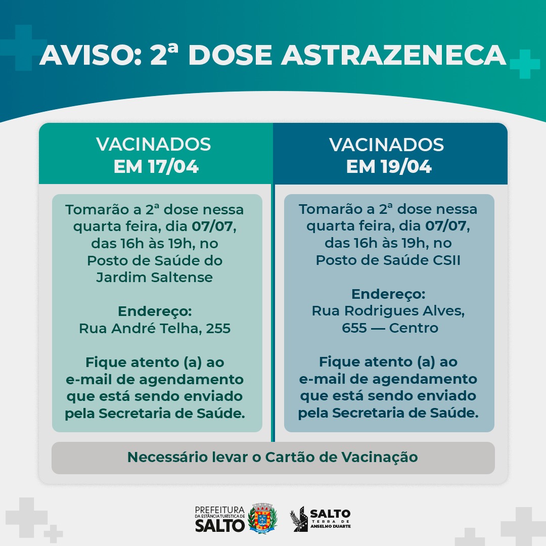 Leia mais sobre o artigo Aviso: 2ª Dose da Astrazeneca