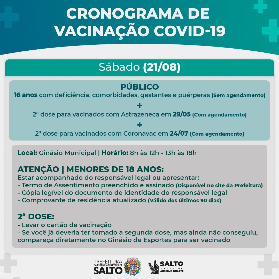 Leia mais sobre o artigo Cronograma de Vacinação COVID-19 – Sábado 21/08