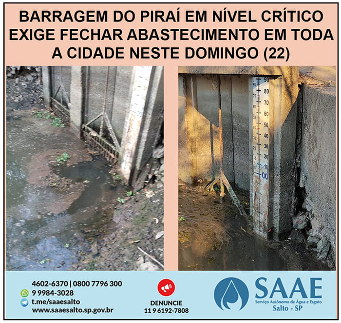 Leia mais sobre o artigo O SAAE e A Prefeitura de Salto informam que foi preciso suspender o fornecimento de água em toda a cidade