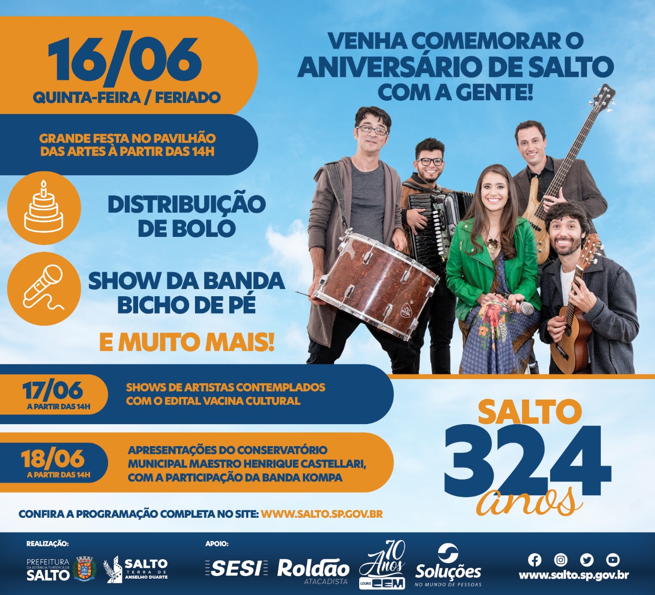 Leia mais sobre o artigo SHOWS SERVIÇOS AOS MUNÍCIPES E DISTRIBUIÇÃO DE BOLO MARCAM O ANIVERSÁRIO DOS 324 ANOS DE SALTO