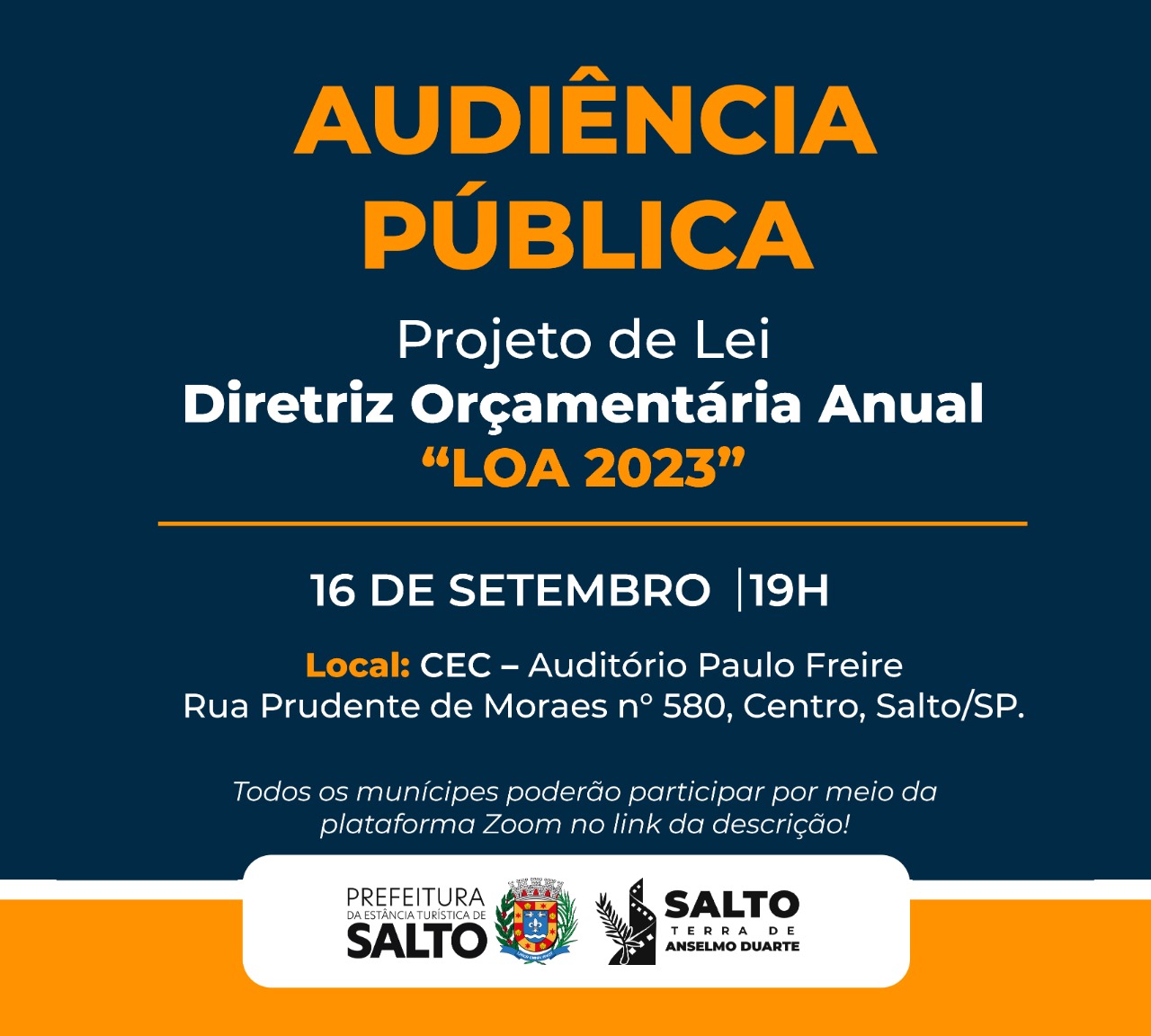 Leia mais sobre o artigo AUDIÊNCIA PÚBLICA – Projeto de Lei – Diretriz Orçamentária Anual “LOA 2023”