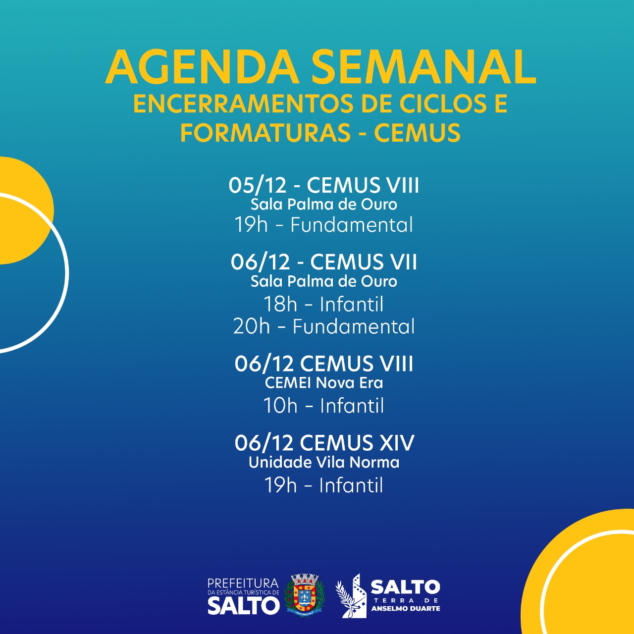 Leia mais sobre o artigo AGENDA SEMANAL – ENCERRAMENTO DE CICLOS E FORMATURAS DOS CEMUS