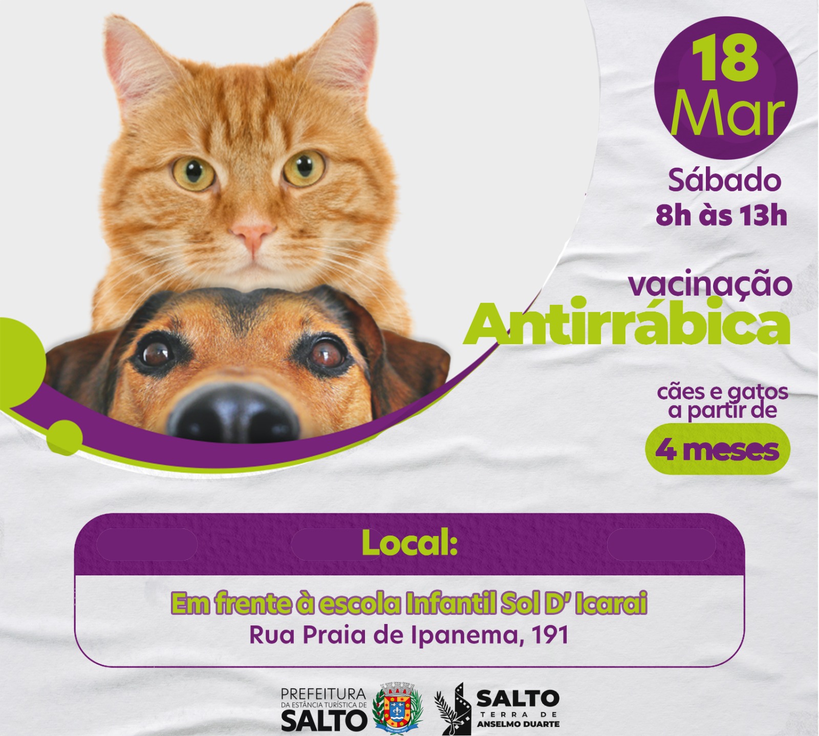 Leia mais sobre o artigo Vacinação contra raiva para cães e gatos!