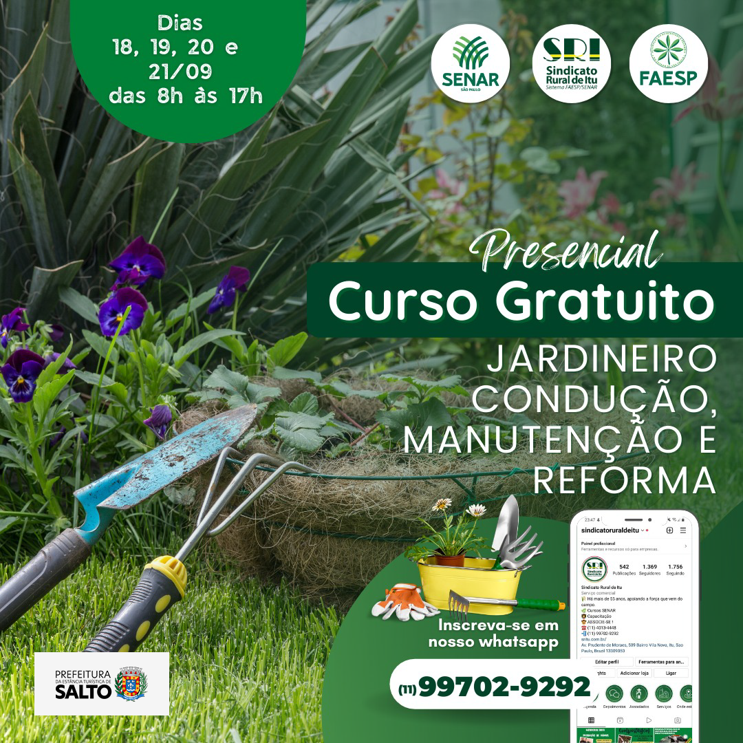 Leia mais sobre o artigo Prefeitura oferece curso gratuito de jardineiro em parceria com o Senar e Sindicato Rural de Itu