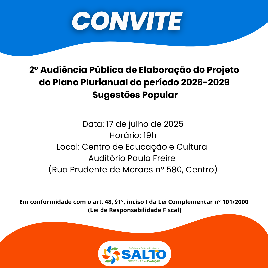 Leia mais sobre o artigo 2° Audiência Pública de Elaboração do Projeto do Plano Plurianual do período 2026-2029.